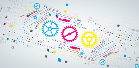 Abstract technological background with various elements. CMYK concept. Vector