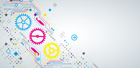 Abstract technological background with various elements. CMYK concept. Vector