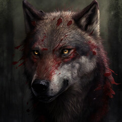 portrait of a wolf head in the dark night, hurt and bloody, wounded, wild and fierce, generative AI