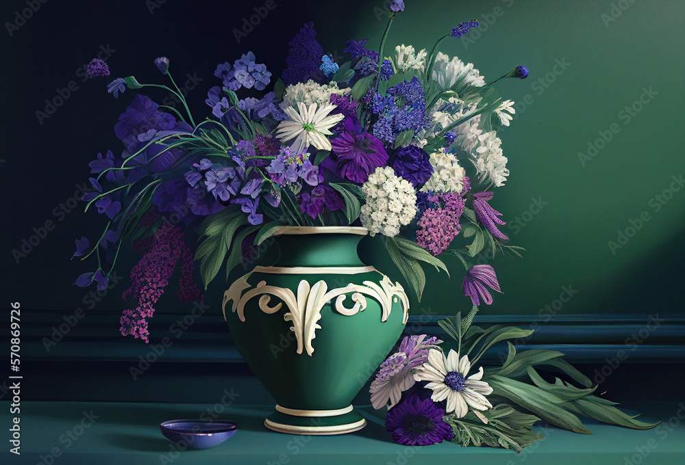 Wall mural purple and white flowers in a vase against a blue wall with a green ribbon