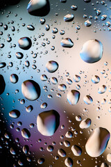 Water drops on glass, raindrops, texture, banner and background, blue and pink drops