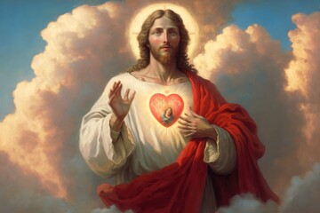 Jesus Christ's Compassion Shown Through His Red Heart in the Sky Generative AI