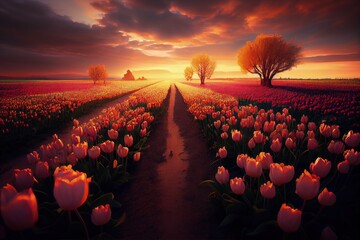 stunning scenery, a beautiful field of tulips that stretches to the horizon. Generative AI