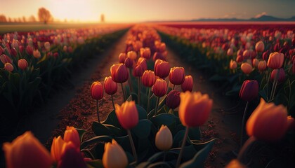 stunning scenery, a beautiful field of tulips that stretches to the horizon. Generative AI