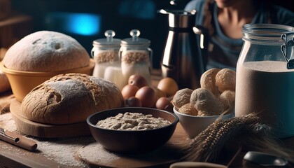 Fototapeta na wymiar Rustic Bakery Scene: Fresh Bread with wheat ears and a bowl of flour and other elements of bread baking. Generative AI