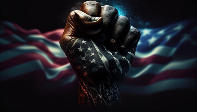 black lives matter, BLM hand, BLM fist, background with USA flag. Generative AI