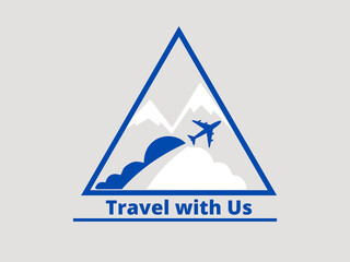 Travel around the world. Vector illustration of a sign with airplane and mountains.