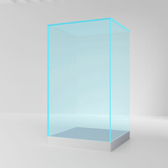 Realistic glass square showcase. Empty glass box in room. 3d illustration