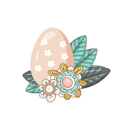 Easter egg on a background of bright flowers and leaves, isolated on a white background. This Easter egg is decorated with hearts. Hand-drawn. Vector illustration.