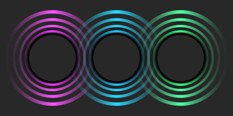 Three large circles pattern with effect ripples colorful halftone neon, circular blank frames shine abstract background, geometric round shapes with empty copy space mockup.