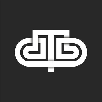 Initials letters DTB logo monogram, linked three overlapping letters D T B white parallel lines shape, identity symbol design black background.