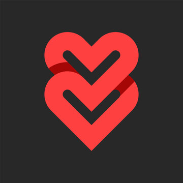 Two red hearts logo on a black background. Intertwined red ribbons in the shape of a pair of hearts for the Valentines Day logotype.
