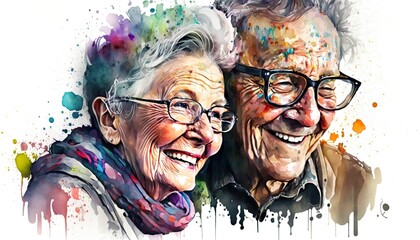 Elderly couple in love laughing head to head, enjoyment for life in old age, watercolor illustration, people art. Generative AI - obrazy, fototapety, plakaty