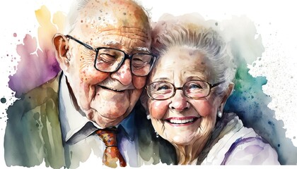 grandmother and grandfather close together with a smile, true love in old age, portrait, watercolor illustration, people art, for marketing, advertising Nursing home. Generative AI - obrazy, fototapety, plakaty