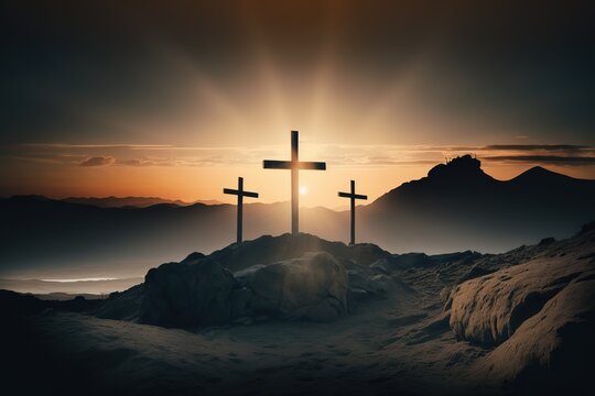 Symbolbild f&uuml;r Jesus Kreuzigung mit 3 Kreuzen im Sonnenaufgang und Lichtstrahlen zum Karfreitag. Emotionales Hintergrundbild zum Gedenken an Jesus zu Ostern. Platzhalter Text vorhanden. KI generiet