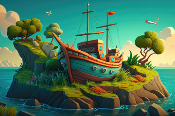 Wood Ship on Island , Trees, sky, clouds, plants
