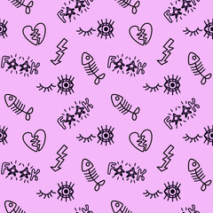 2000s emo girl kawaii style seamless pattern texture background with elements like fishbone, eye, broken heart, lightning Doodle design for textile graphics, wallpapers - obrazy, fototapety, plakaty