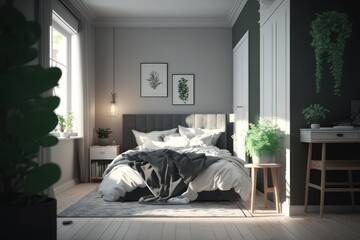 Interior of a bedroom, minimal design, light and spacious, modern apartment