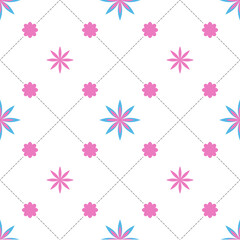 The blooming pink-blue flowers are surrounded by medium and small pink flowers on a white background with dark gray diagonal dashes, a seamless pattern that looks cute and attractive.