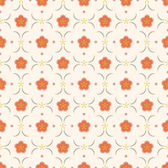 In this seamless pattern, flowers are arranged in lovely shapes, beautiful colors, decorated with circle dots and flowers pollen on a white background, looking sweet and soft.