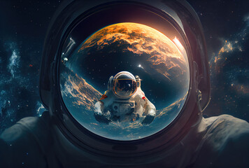 Obraz na płótnie Canvas Portrait of astronaut reflect with another astronaut friend in the galaxy in the space. Science and technology concept. Blue earth theme. Generative AI