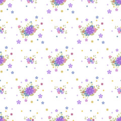 Fototapeta na wymiar In this seamless pattern, there are colorful bouquet. Decorated with large and small flower and multicolored circle dots spread across the white background, it looks beautiful and fresh.