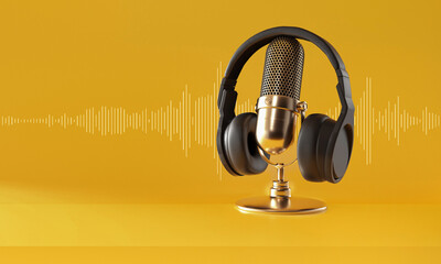 Gold microphone, black Headphones and sound wave on yellow background. 3D rendering.