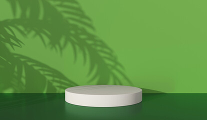 Platform podium with palm shadow of Sun light on green background for product display. Empty podium platform.
