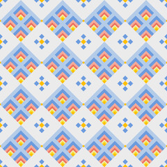 Fototapeta na wymiar In this seamless pattern, colorful squares are used on a white tone background. Decorated with flowers in geometric shapes around it looks beautiful.