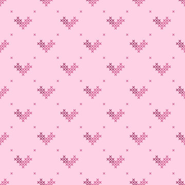 In this seamless pattern, a cross is designed in the same way as a heart shape cross stitch. Placed on a background of the same tone, it looks beautiful, warm and sweet.