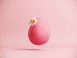 3D render of an Easter egg with daisy flowers. Modern minimalistic holiday card concept with copy space. Happy Easter - postcard, banner, pastel pink poster.