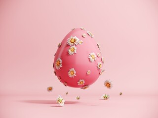 3D render of an Easter egg with daisy flowers. Modern minimalistic holiday card concept with copy space. Happy Easter - postcard, banner, pastel pink poster.