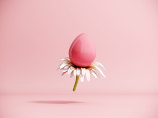 3D render of an Easter egg with daisy flowers. Modern minimalistic holiday card concept with copy space. Happy Easter - postcard, banner, pastel pink poster.