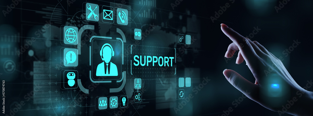 Poster Support button on virtual screen. Customer service and communication concept.