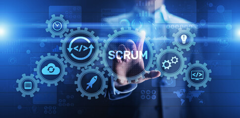SCRUM, Agile development methodology, programming and application design technology concept on virtual screen.
