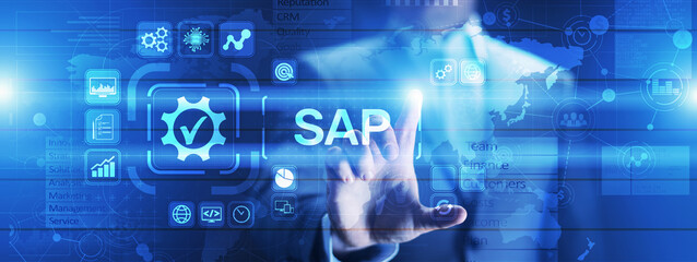 SAP - Business process automation software. ERP enterprise resources planning system concept on virtual screen.