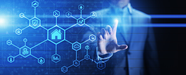 Smart home control panel on virtual screen. IOT and Automation technology concept.