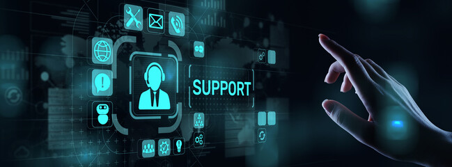 Support button on virtual screen. Customer service and communication concept.