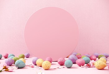 3d render of podium, showcase with multi-colored dyed dotted eggs. Happy Easter greeting background, postcard, template. Modern display for product advertising, holiday promotions with copy space.