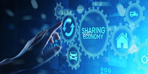 Fototapeta na wymiar Sharing economy, innovation and future business technology concept on virtual screen.