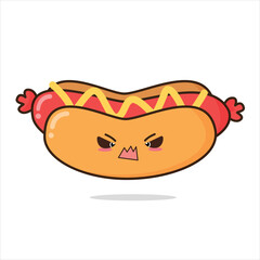 angry hotdog cartoon vector icon illustration. food object icon concept premium flat