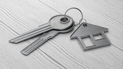 Keys with house shaped keychain. Real Estate Mortgage Property Management Rent Buy concept. 3d illustration