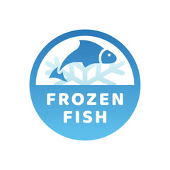 Frozen fish, product vector label. Blue sticker stamp.