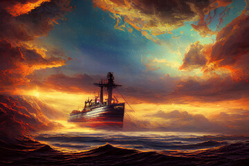 A ship near the slope. Stormy clouds and turbulent sea. Created with Generative AI technology