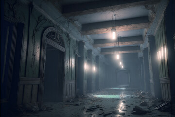 Fototapeta na wymiar Semi dark corridor in an abandoned house, filled with rubble and supernatural fog. Generative AI illustration