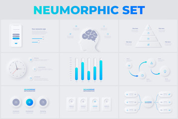 Set of light neumorphic infographic slides. Business data visualization for presentation. Unique neumorphism design set.