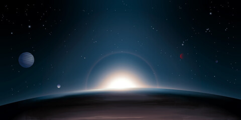 Obraz na płótnie Canvas Blick ins Weltall. Aufgehende Sonne, Hintergrund mit planeten und leuchtenden Sternen im tiefen Universum. Illustration