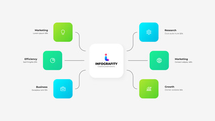 White central square with lines on the side. Abstract flowchart infographic with 6 options.