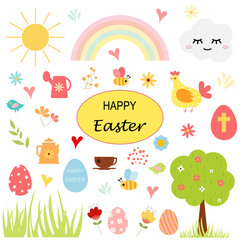 Vector collection of illustrations on the theme of Easter. Easter egg, tree, bee, cross, flowers, text.