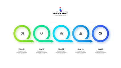 Modern infographic design template. Five elements placed in horizontal row. Concept of 6 stages of marketing strategy.